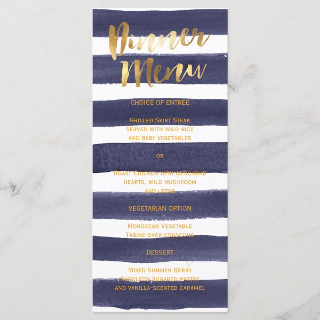 Navy Gold Watercolor Stripes Wedding Dinner Menu (Front)