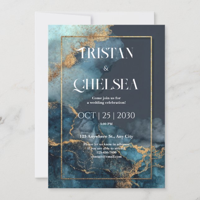 Navy Gold Watercolor Wedding Invitation (Front)