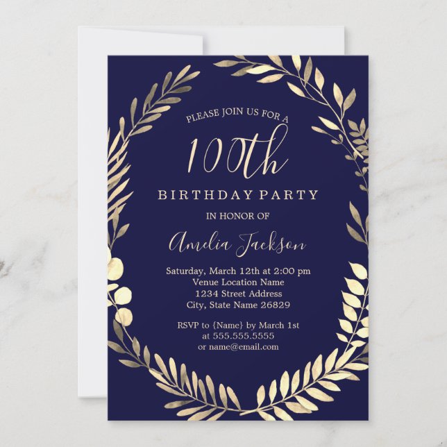 Navy Gold Watercolor Wreath 100th Birthday Invitation (Front)