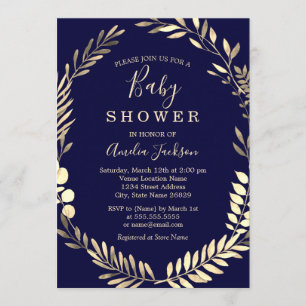 Navy Gold Watercolor Wreath Boy Baby Shower Invitation