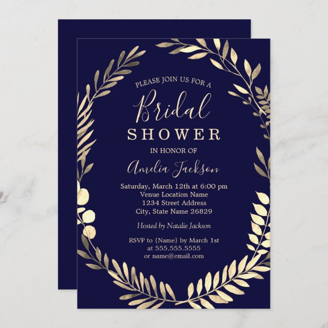 Navy Gold Watercolor Wreath Bridal Shower Invitation (Front/Back)
