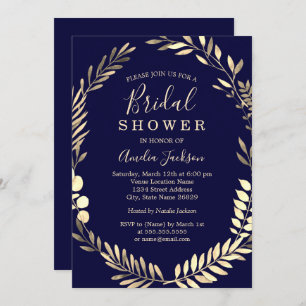 Navy Gold Watercolor Wreath Bridal Shower Invitation