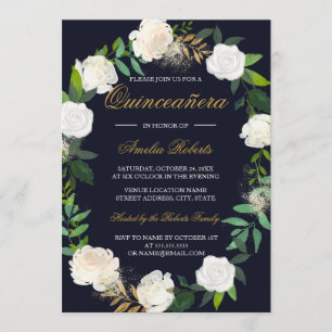 Navy Gold Watercolor Wreath Quinceanera Invite