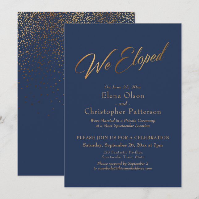 Navy & Gold We Eloped Script Confetti Reception Invitation (Front/Back)
