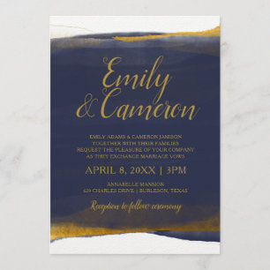Navy & Gold Wedding Invitations - Watercolor Foil