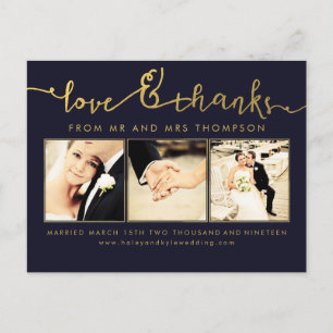 Navy Gold Wedding Love & Thanks Script Photo Postcard