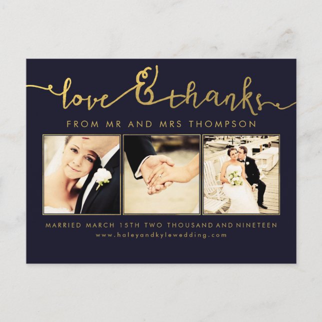 Navy Gold Wedding Love & Thanks Script Photo Postcard (Front)