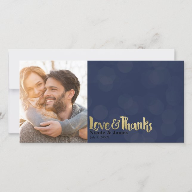 Navy & Gold Wedding Photo Love & Thanks Thank You (Front)