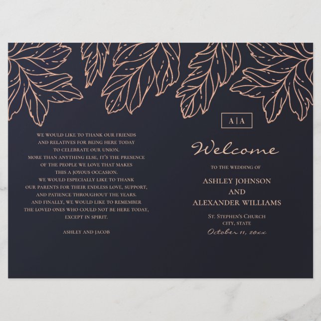 Navy gold wedding program folded. Blue botanical (Front)