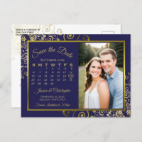 Navy & Gold Wedding Save the Date Calendar Photo