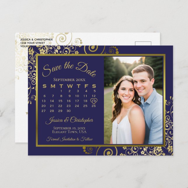 Navy & Gold Wedding Save the Date Calendar Photo Announcement Postcard (Front/Back)