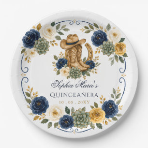 Navy Gold Western Horse Floral Charra Quinceañera Paper Plate
