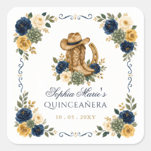 Navy Gold Western Horse Floral Charra Quinceañera Square Sticker