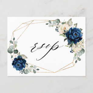 Navy Gold White Champagne Ivory Geometric RSVP Postcard
