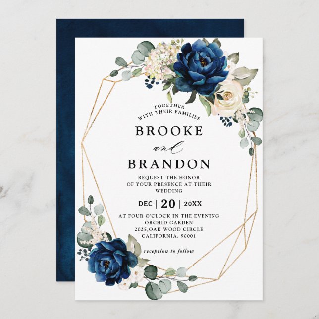 Navy Gold White Champagne Ivory Geometric Wedding Invitation (Front/Back)