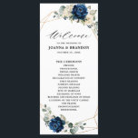 Navy Gold White Champagne Ivory Geometric Wedding Program<br><div class="desc">Dark navy blue floral wedding program card featuring elegant bouquet of navy blue, royal blue , white , gold, champagne ivory, blush colour rose , hydrangea, ranunculus, peony, flower buds and sage green eucalyptus leaves and elegant watercolor with round glitter geometric neutral frame. Please contact me for any help in...</div>