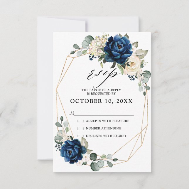 Navy Gold White Champagne Ivory Geometric Wedding RSVP Card (Front)
