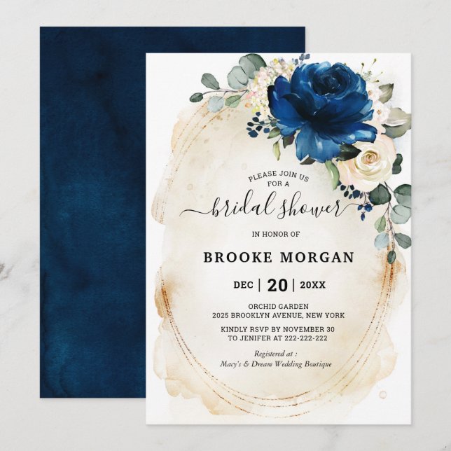 Navy Gold White Champagne Ivory Rose Bridal Shower Invitation (Front/Back)