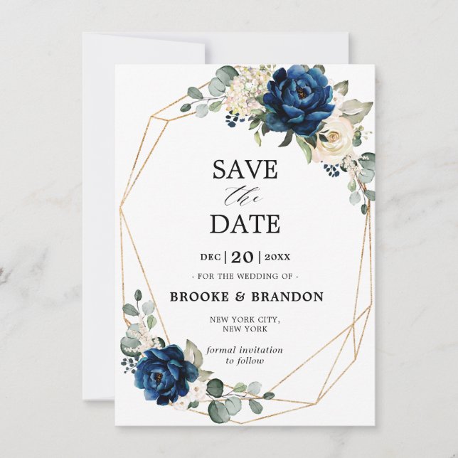 Navy Gold White Champagne Ivory Rose Save the Date (Front)