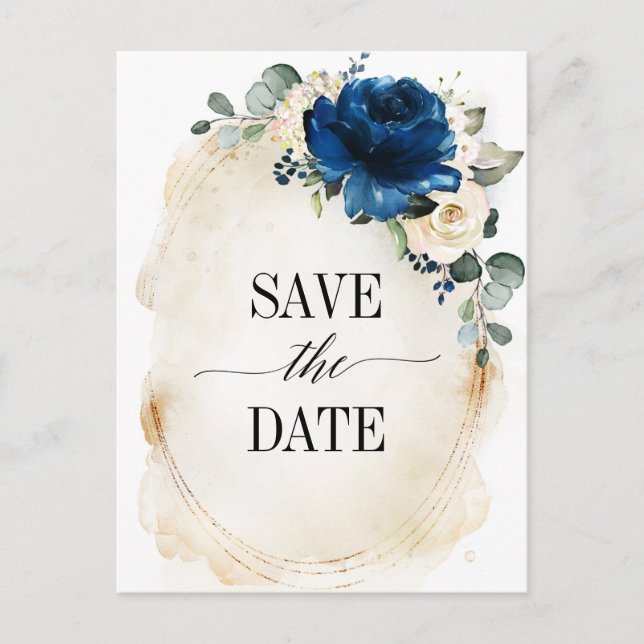 Navy Gold White Champagne Ivory Rose Save the Date Postcard (Front)