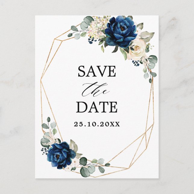Navy Gold White Champagne Ivory Rose Save the Date Postcard (Front)