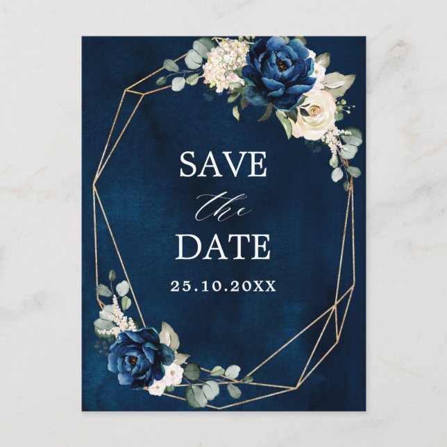 Navy Gold White Champagne Ivory Rose Save the Date Postcard (Front)