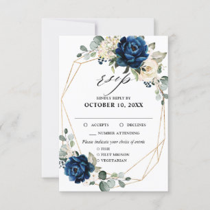 Navy Gold White Champagne Ivory Roses RSVP Card