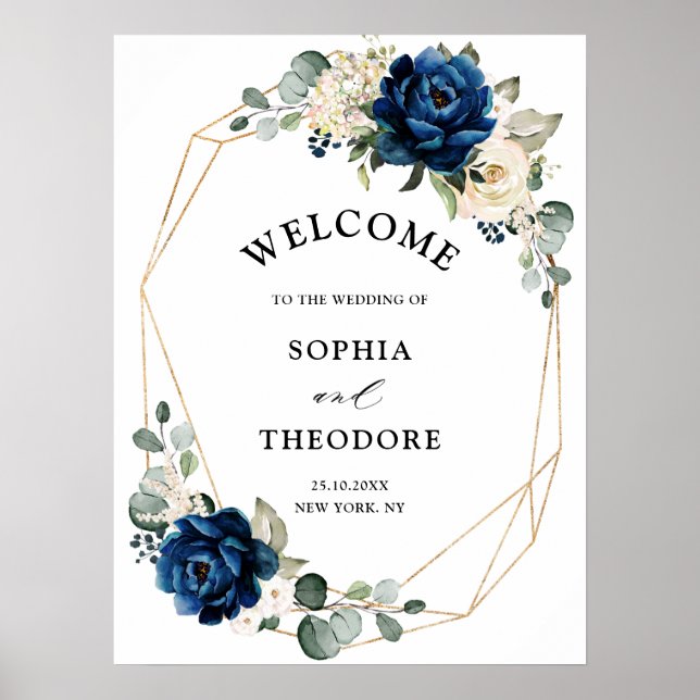Navy Gold White Champagne Ivory  Wedding Welcome Poster (Front)