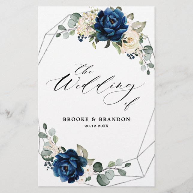 Navy Gold White Ivory Geometric Wedding Program (Front)