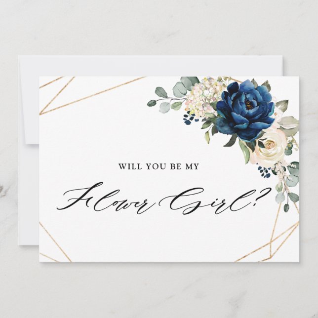 Navy Gold White Ivory Will You Be My Flower girl Invitation (Front)