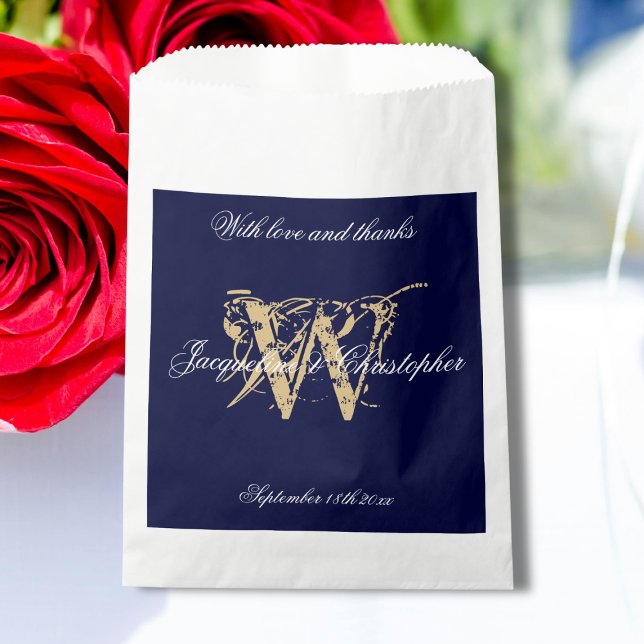 Navy Gold White Monogram +Names Thank You Wedding  Favour Bag (Navy, Gold and White, Monogram plus Bride and Groom Names "With Love and Thanks" Wedding Favor Bag.)