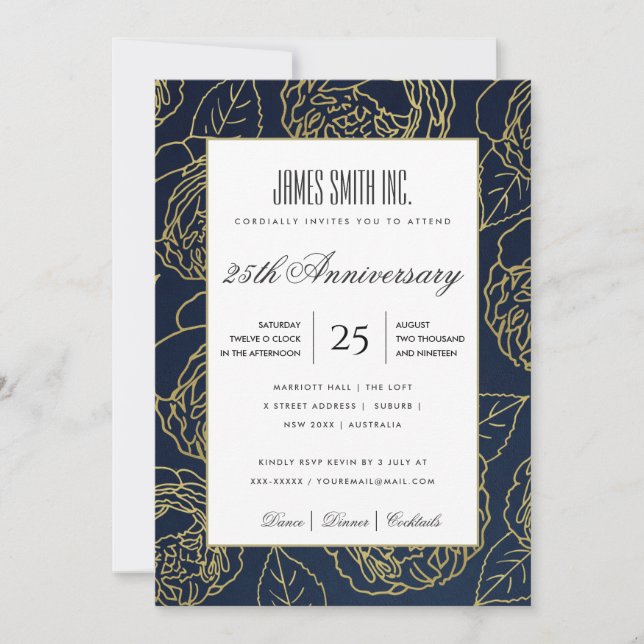NAVY GOLD WHITE ROSE FLORAL CORPORATE PARTY EVENT INVITATION (Front)