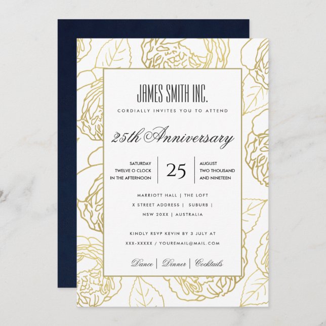 NAVY GOLD WHITE ROSE FLORAL CORPORATE PARTY EVENT INVITATION (Front/Back)