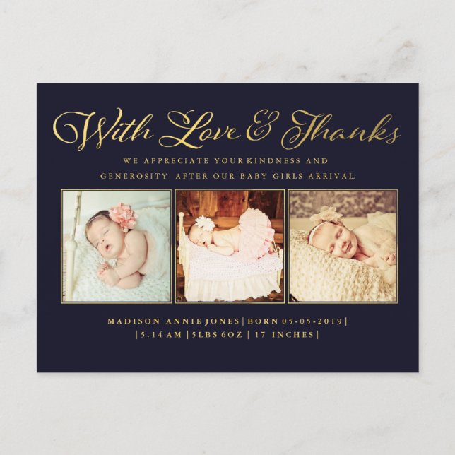 Navy Gold With Love & Thanks Baby Postcard (Front)