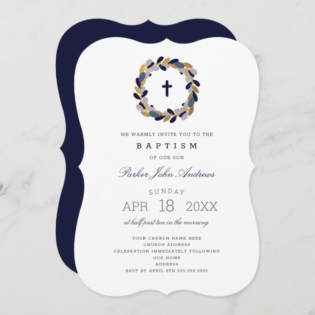 Navy Gold Wreath boy baptism invitation (Front/Back)