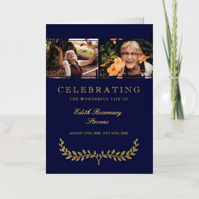 Navy Gold Wreath Celebrating Life Funeral Program (Front)
