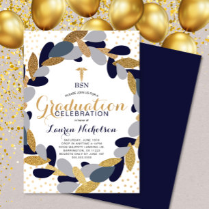 Navy Gold Wreath Nurse Graduation Party Invitation