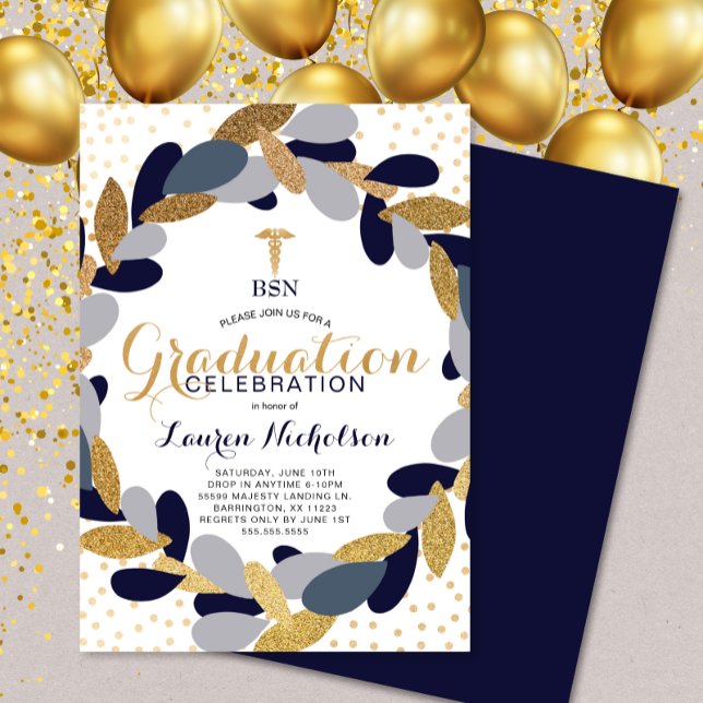 Navy Gold Wreath Nurse Graduation Party Invitation (Creator Uploaded)