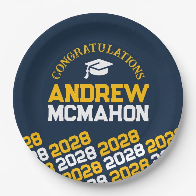 Navy & Gold Yellow Half Repeat Grad Personalised Paper Plate (Front)