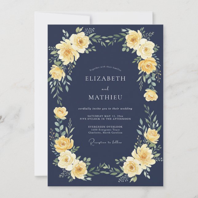 Navy Golden Bloom Flourish Wedding Invitation (Front)