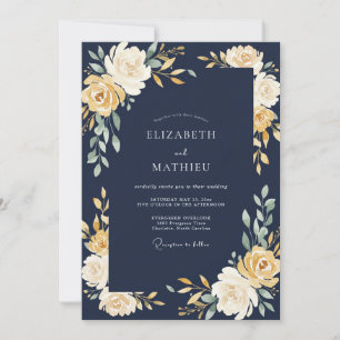 Navy Golden Bloom Romance Wedding Invitation