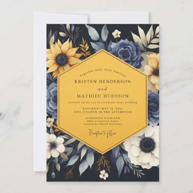 Navy Golden Botanical Wedding Invitation (Front)