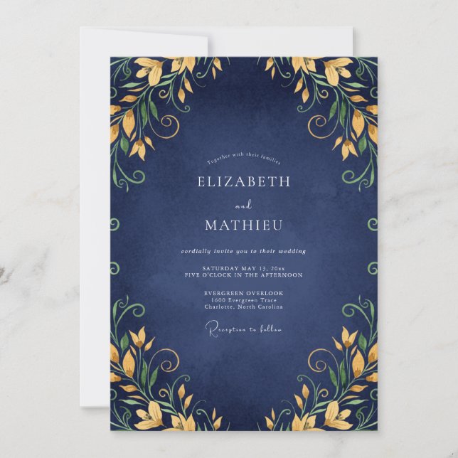 Navy Golden Lily Wedding Invitation (Front)