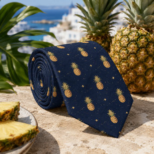 Navy Golden Pineapple Tropical Pattern Tie
