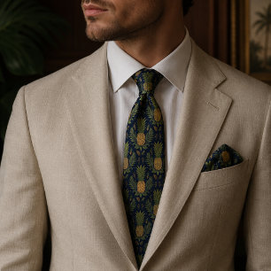 Navy Golden Pineapple Vintage Tropical Tie