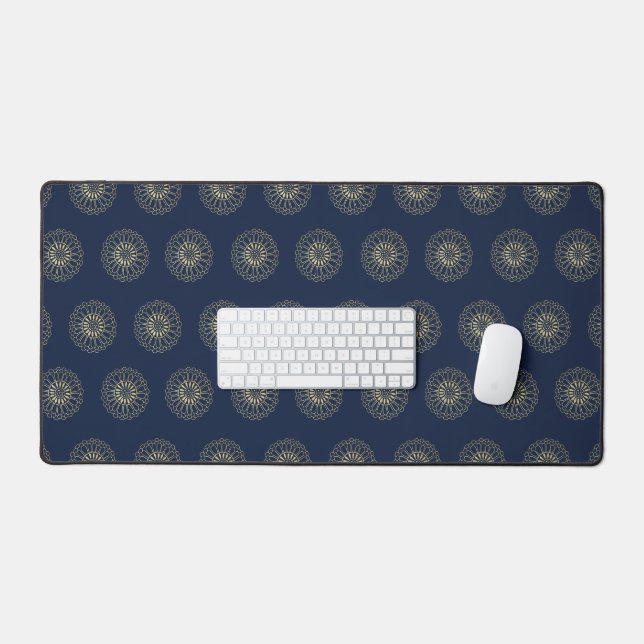Navy | Golden Zinnia Flower Medallions Desk Mat (Keyboard & Mouse)