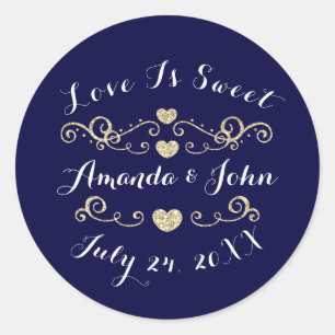 Navy GoldHearts Save the Date Love is Sweet Classic Round Sticker