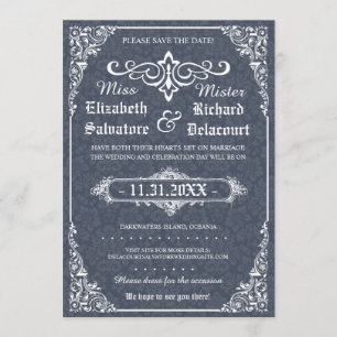 Navy Gothic Victorian Damask Save the Dates Date