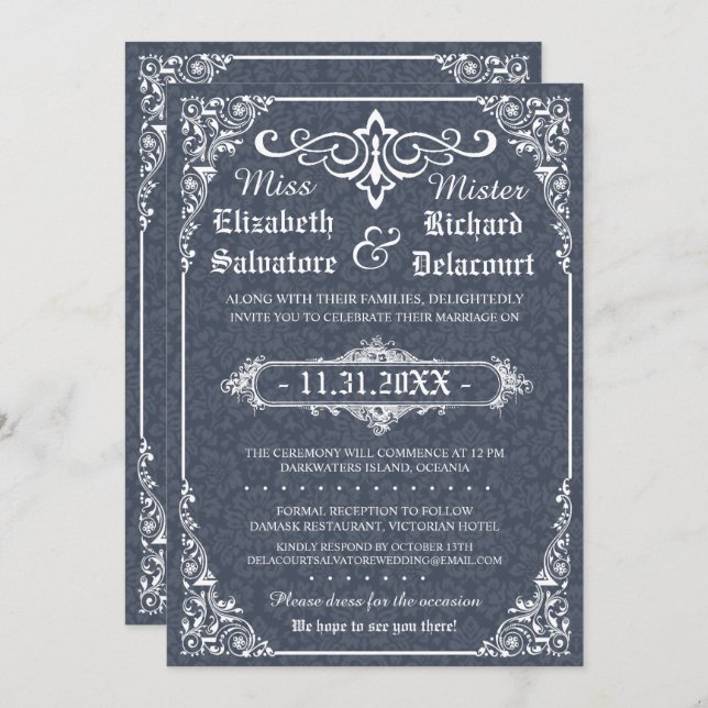 Navy Gothic Victorian Damask Wedding Invites (Front/Back)