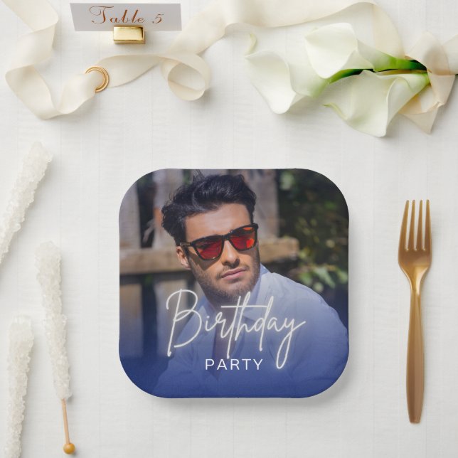 Navy Gradient Personalised Photo Birthday Paper Plate (Wedding)